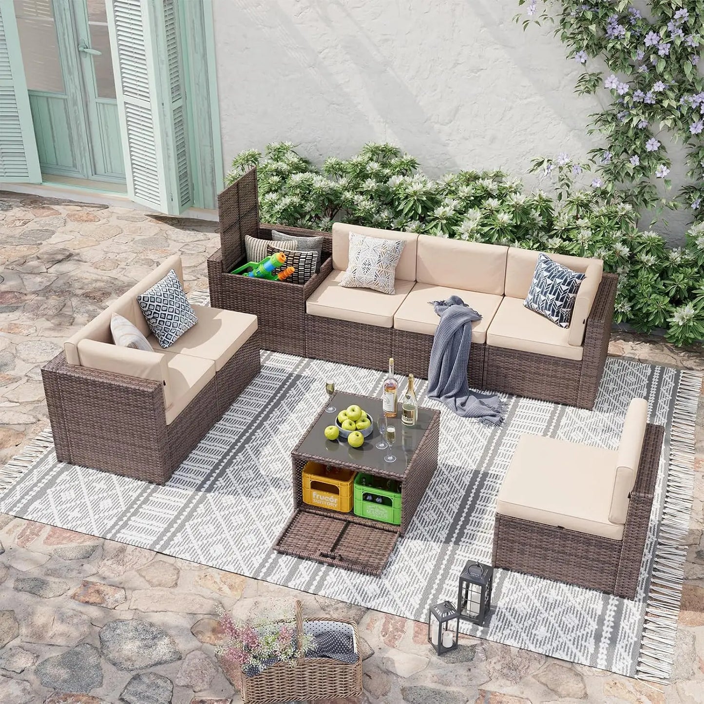 8 Piece Patio Furniture Set, Wicker Outdoor Furniture with Large Storage Table, Patio Conversation Sets with Waterproof, Custom