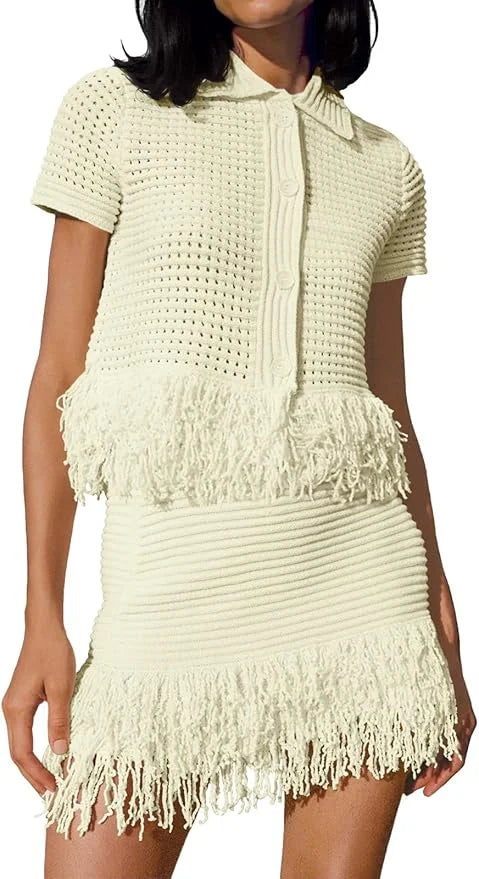 Fisoew Womens 2 Piece Crochet Outfits Short Sleeve Button Knit Sweater Tops Fringe Skirt Summer Vacation Sets Beach Cover Ups