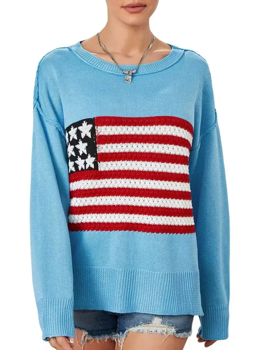 Women American Flag Knit Sweater Long Sleeve Loose Pullover Casual Streetwear Y2k Vintage