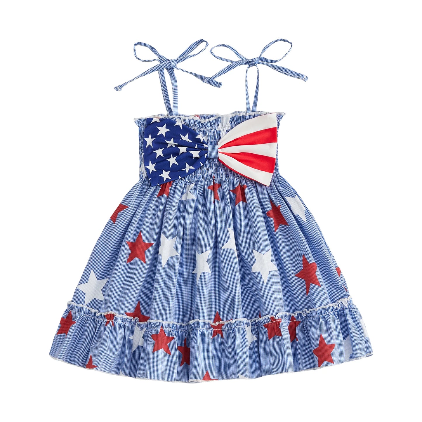 Girls Patriotic Sleeveless Dress With Star And Stripe Print Bow
