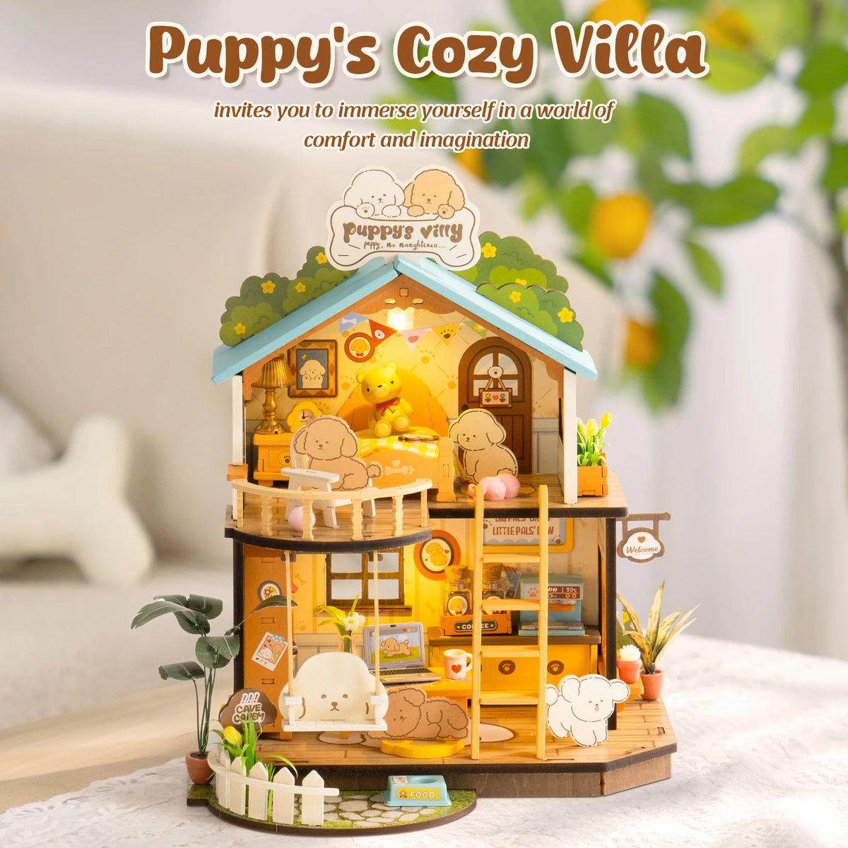 Rolife DIY Miniature House Kit Puppy's Cozy Villa Mini 3D Wooden Puzzle Dollhouse Model Building Kit Gift for Teens Kids Friends