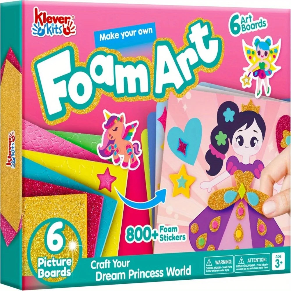 Foam Art Kit for Kids EVA Foam Stickers with 6 Art Board and 800+ Stickers, DIY Arts and Crafts for Boys Girls Age 3+, Unicorns & Princesses Birthday Gifts Travel Toy