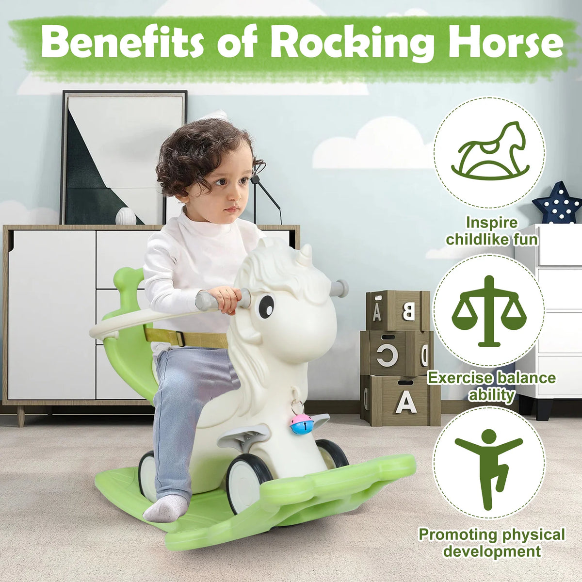 2 in 1 Convertible Unicorn Rocking Horse for Toddlers, Kids Ride On Toy with Anti-Fall Guardrail and Safety Belt, Baby Birthday Gift for 12-36 Months