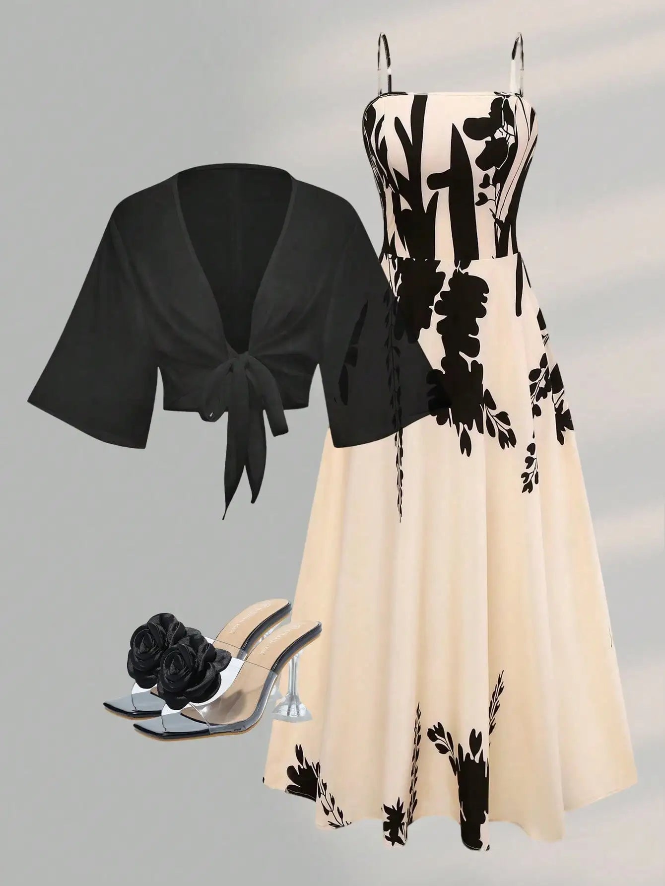 2 Pieces Women's Floral Chiffon Dress Elegant Romantic Date Outfit Spring Summer
