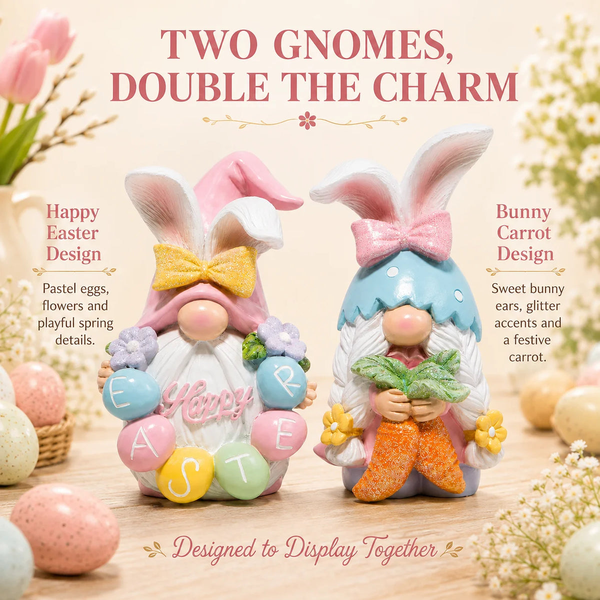 Hodao 5in Easter Gnome Figure Set, Premium Resin Bunny Gnomes with Glitter Bows, Pastel Eggs, Flowers and Sparkle Carrot, Cute Collectible Spring Decor for Tabletop Shelf Mantel Living Room Tiered Tray, Easter Party Home Deco