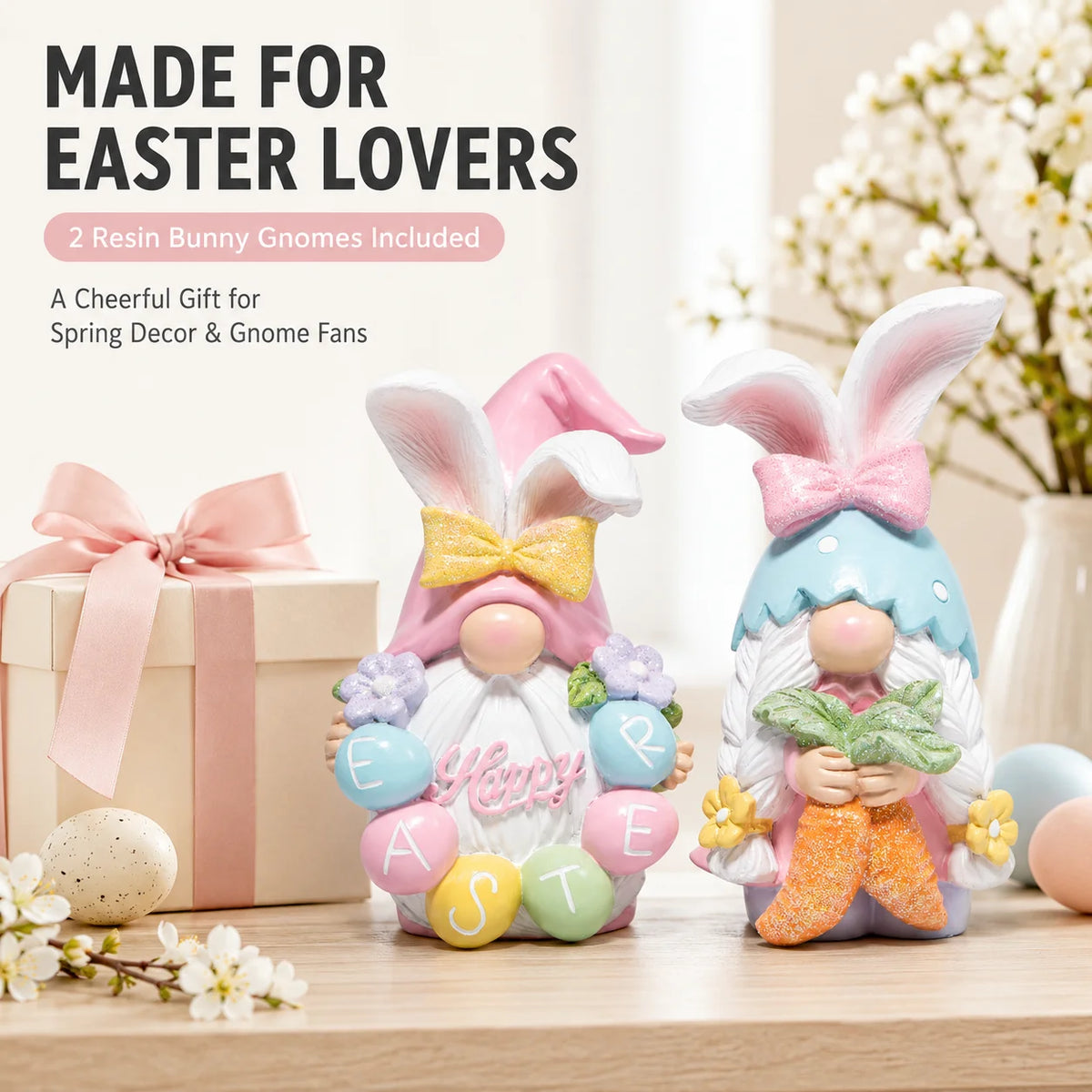 Hodao 5in Easter Gnome Figure Set, Premium Resin Bunny Gnomes with Glitter Bows, Pastel Eggs, Flowers and Sparkle Carrot, Cute Collectible Spring Decor for Tabletop Shelf Mantel Living Room Tiered Tray, Easter Party Home Deco