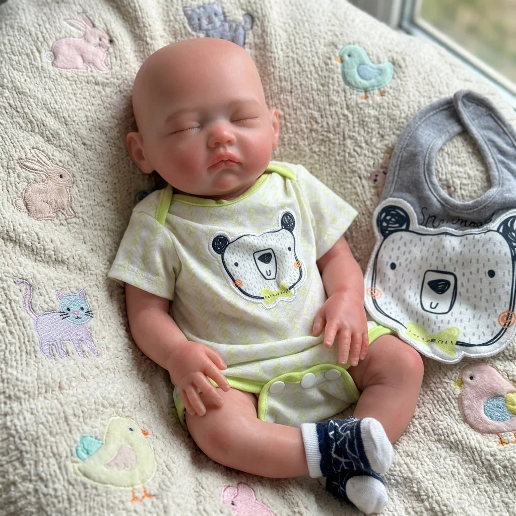 18 Inch Full Body Silicone Reborn Doll Bald Sleeping Closed Eyes Lifelike Newborn Hand Painted Waterproof Collectible Art Ornament for Holiday and Birthday Gifts