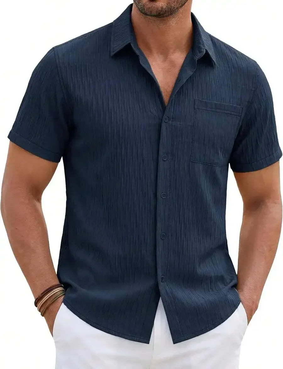 Mens Short Sleeve Button Down Shirt Textured Casual Summer Beach Top With Chest Pocket