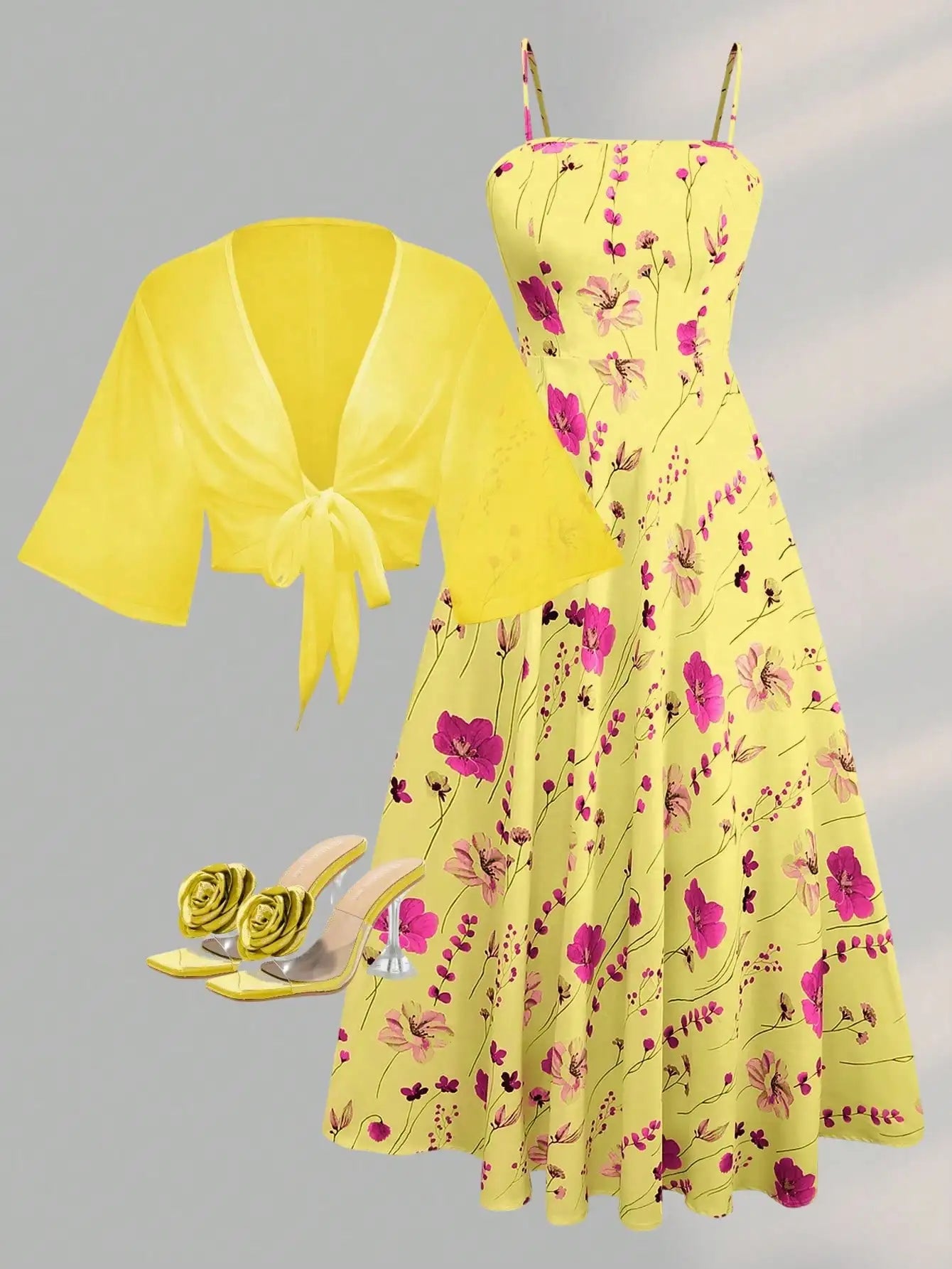 2 Pieces Women's Floral Chiffon Dress Elegant Romantic Date Outfit Spring Summer