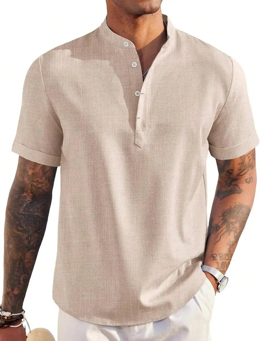 Mens Linen Henley Shirt Short Sleeve Casual Summer Beach Top