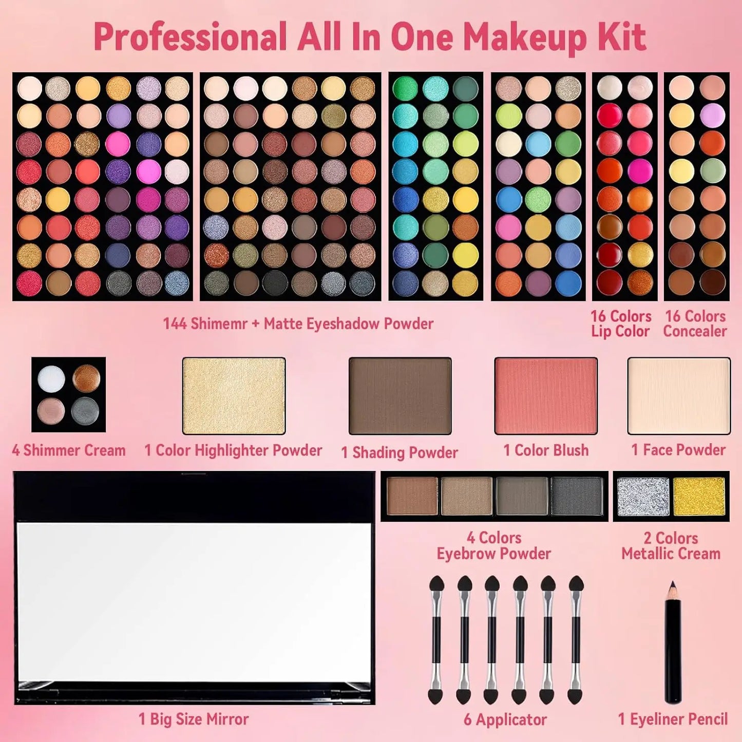 Professional 190-Color Eyeshadow Blush Eyebrow Powder 4-in-1 Makeup Palette with Mirror And Full Set of Brushes for Create Natural Look