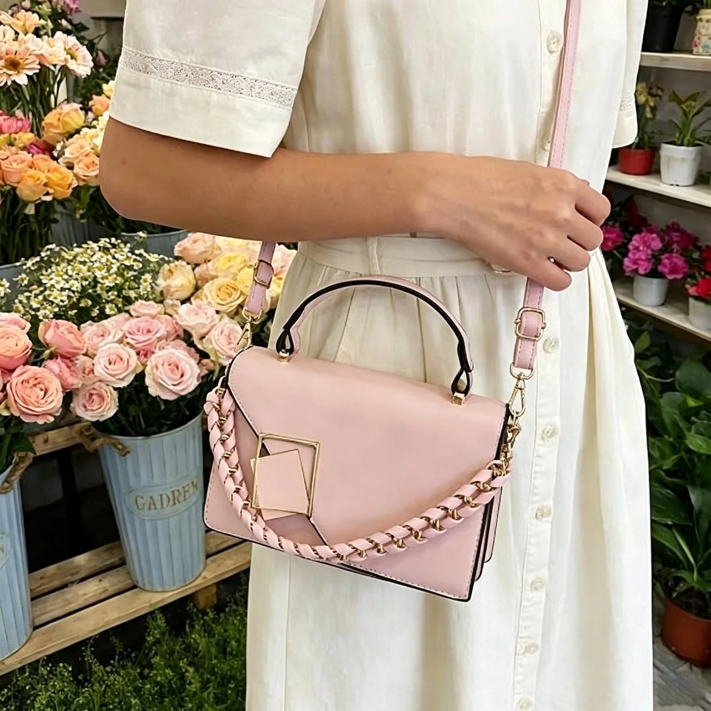 Women Small Square Handbag PU Leather Chain Shoulder Crossbody Bag Geometric Metal Lock Flap Top‑Handle Purse For Daily Work Shopping