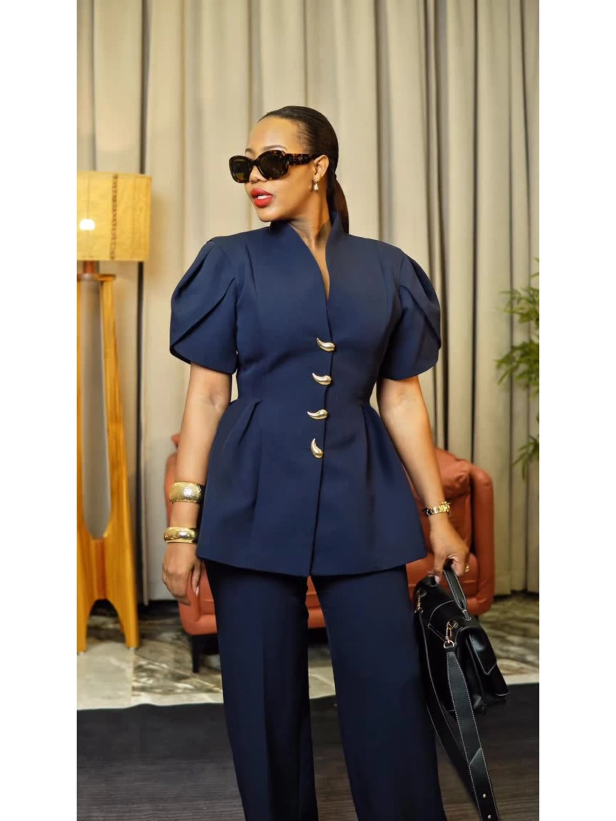Women Stand Collar Puff Sleeve Button Peplum Top And Straight Leg Pants For Elegant Office Business And Daily Occasion