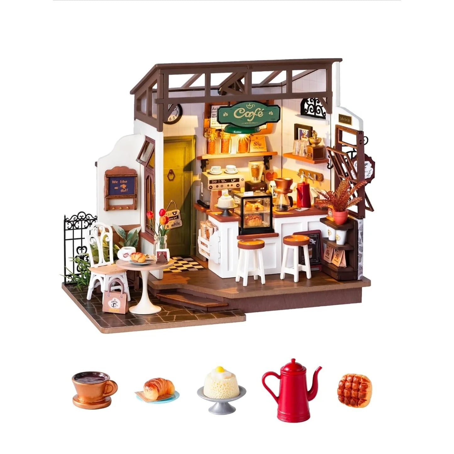 Rolife Wooden 3D Puzzle Flavory Café DIY Miniature House Kit Mini Dollhouse Model Building Kit with LED Light for Desk Decor Gift for Adults Friends