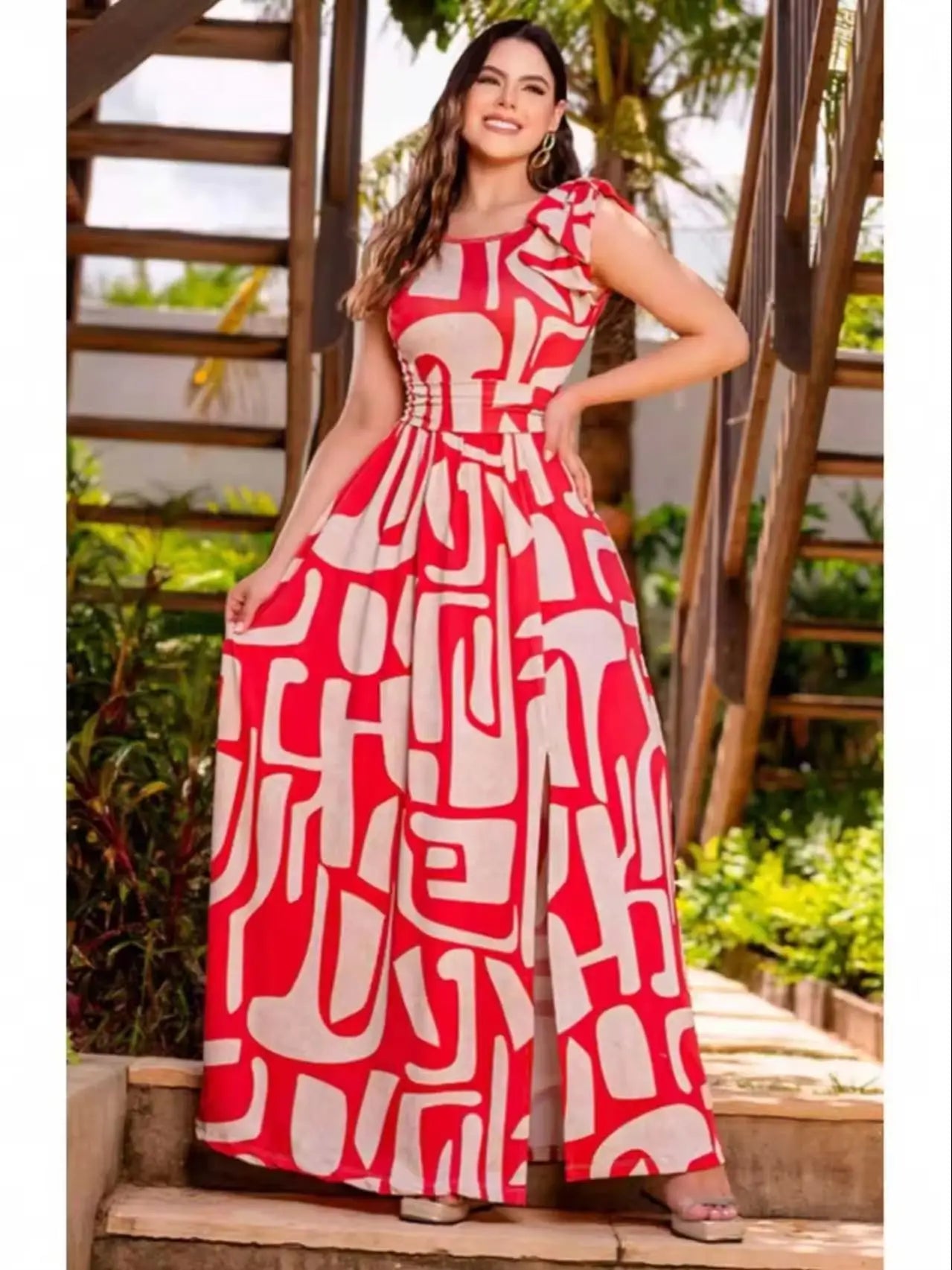 Geometric Print Sleeveless Maxi Dress With Decorative Bow