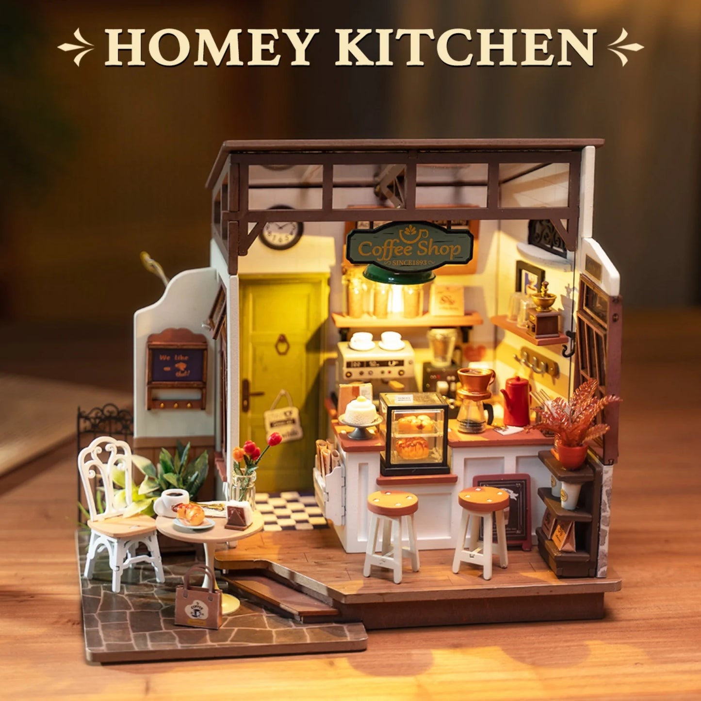 Rolife Wooden 3D Puzzle Flavory Café DIY Miniature House Kit Mini Dollhouse Model Building Kit with LED Light for Desk Decor Gift for Adults Friends