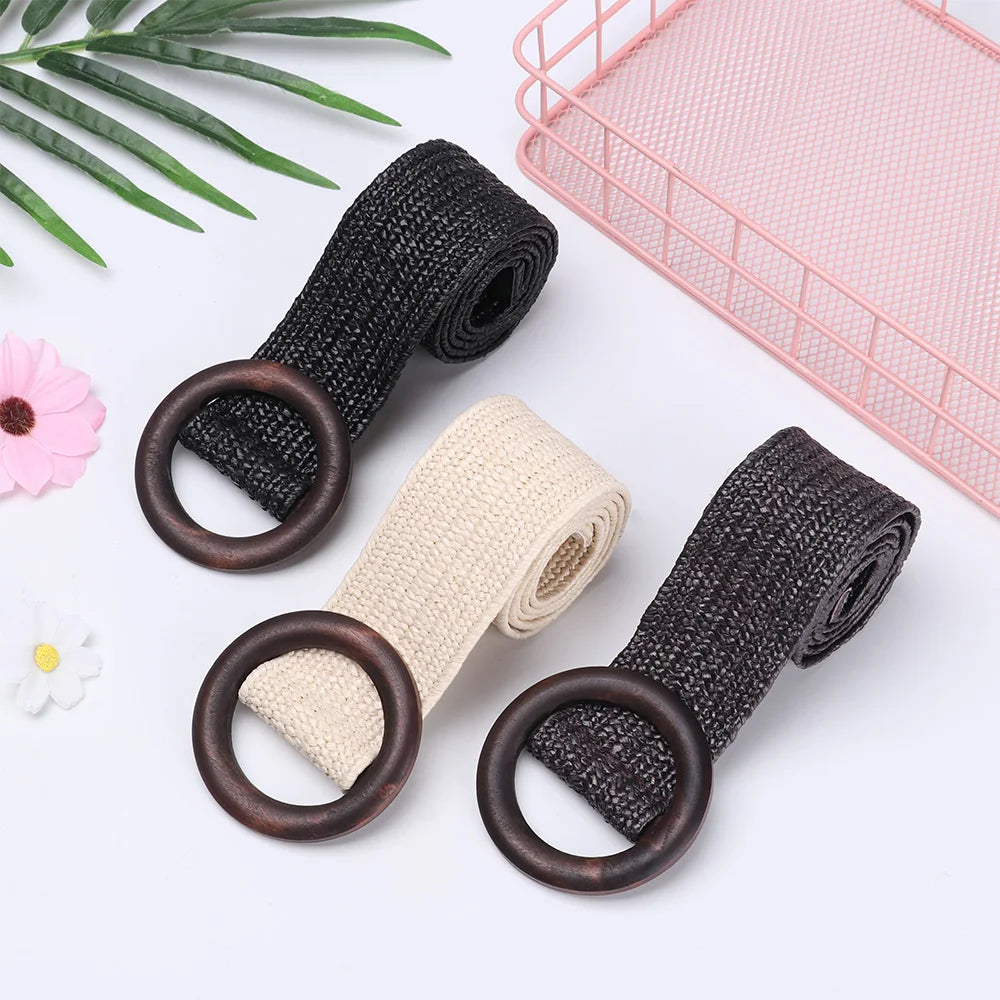 Women Straw Belt With Wooden Buckle And Elastic Waist Chain