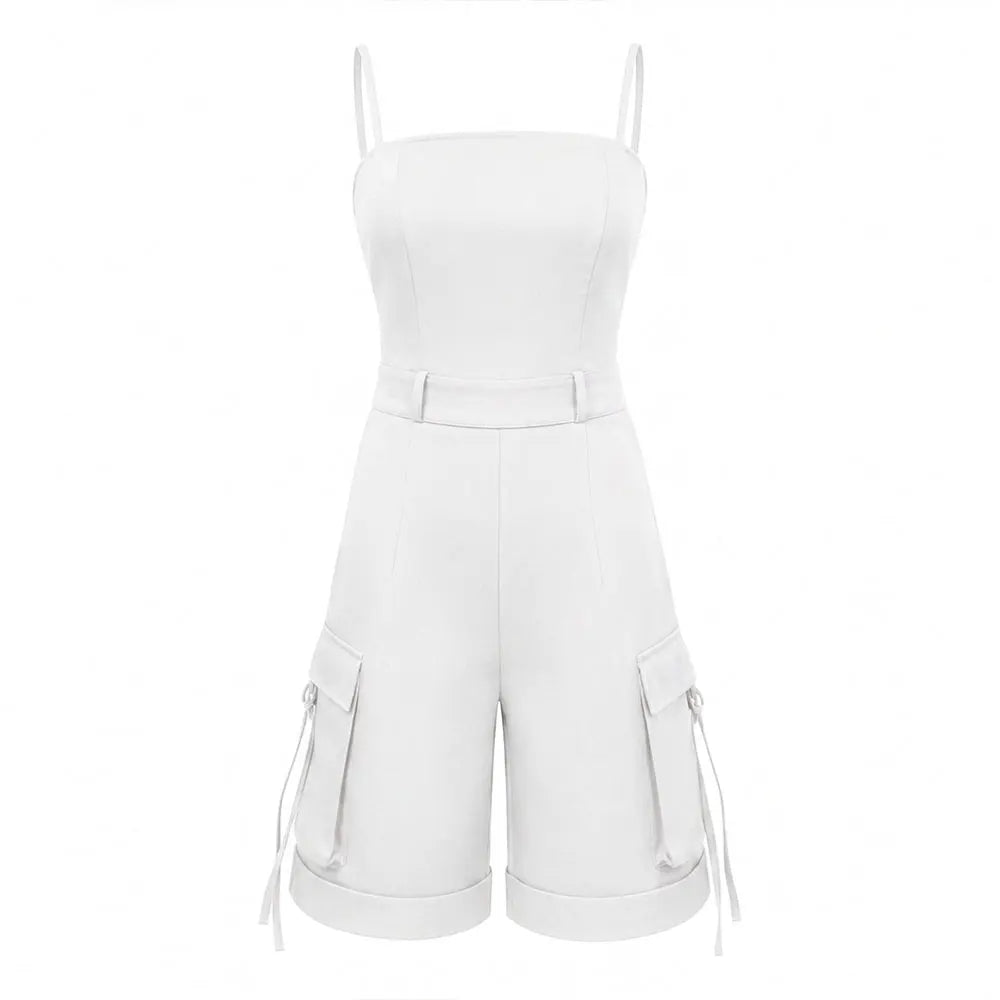 Women Spaghetti Strap Cargo Romper High Waist Knee Length Jumpsuit
