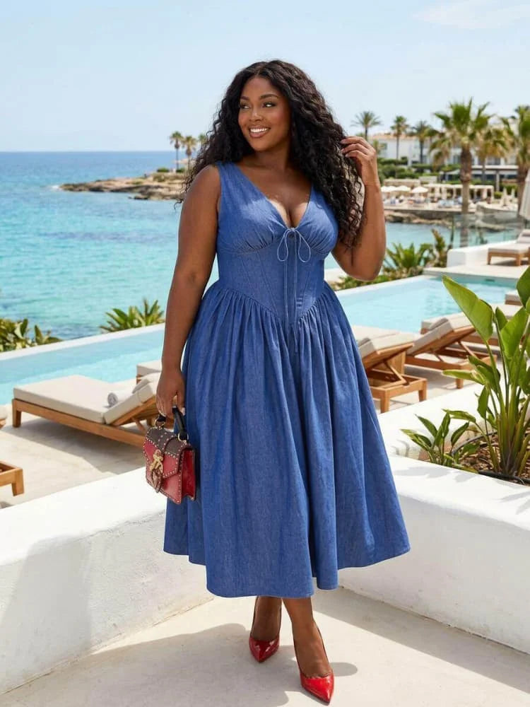 Plus Size Deep V Neck Sleeveless Corset Waist Midi Dress For Women Daily Holiday Street Going Out A Line Swing Dress