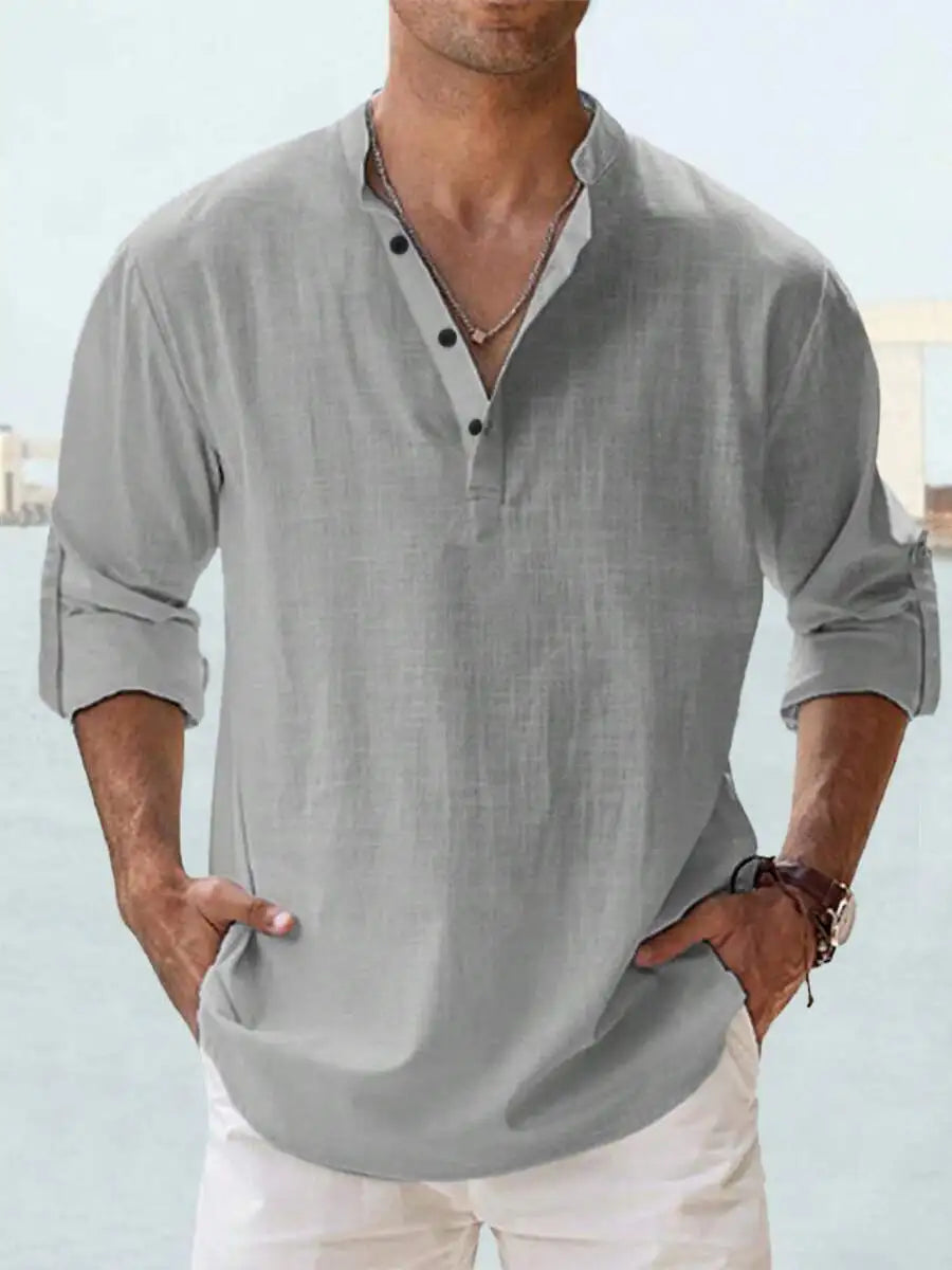 Mens 100% Cotton Stand Collar Long Sleeve Loose Fit Casual Shirt