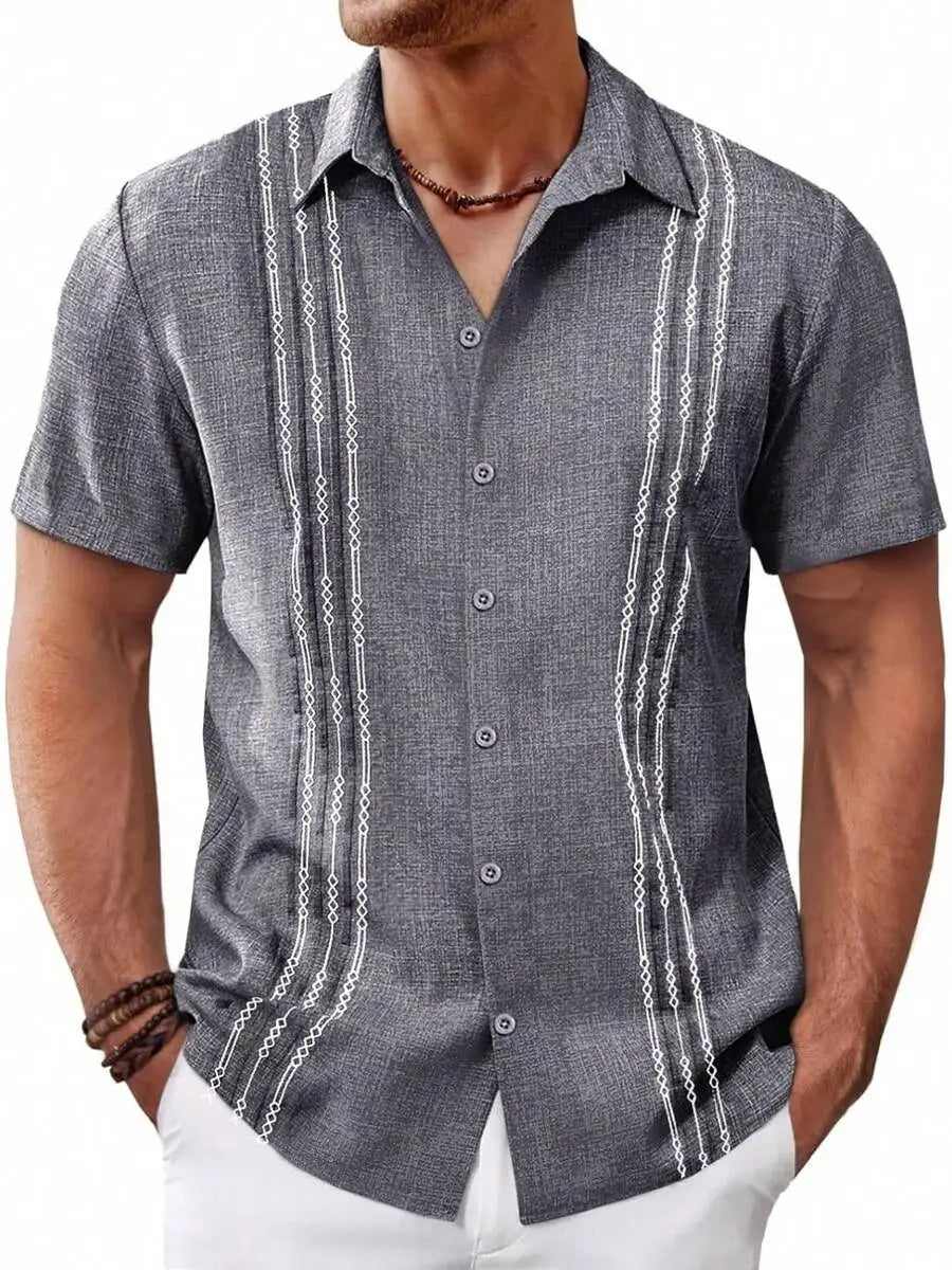 Mens Short Sleeve Button Up Shirt Casual Embroidered Linen Blend Summer Beach Wedding