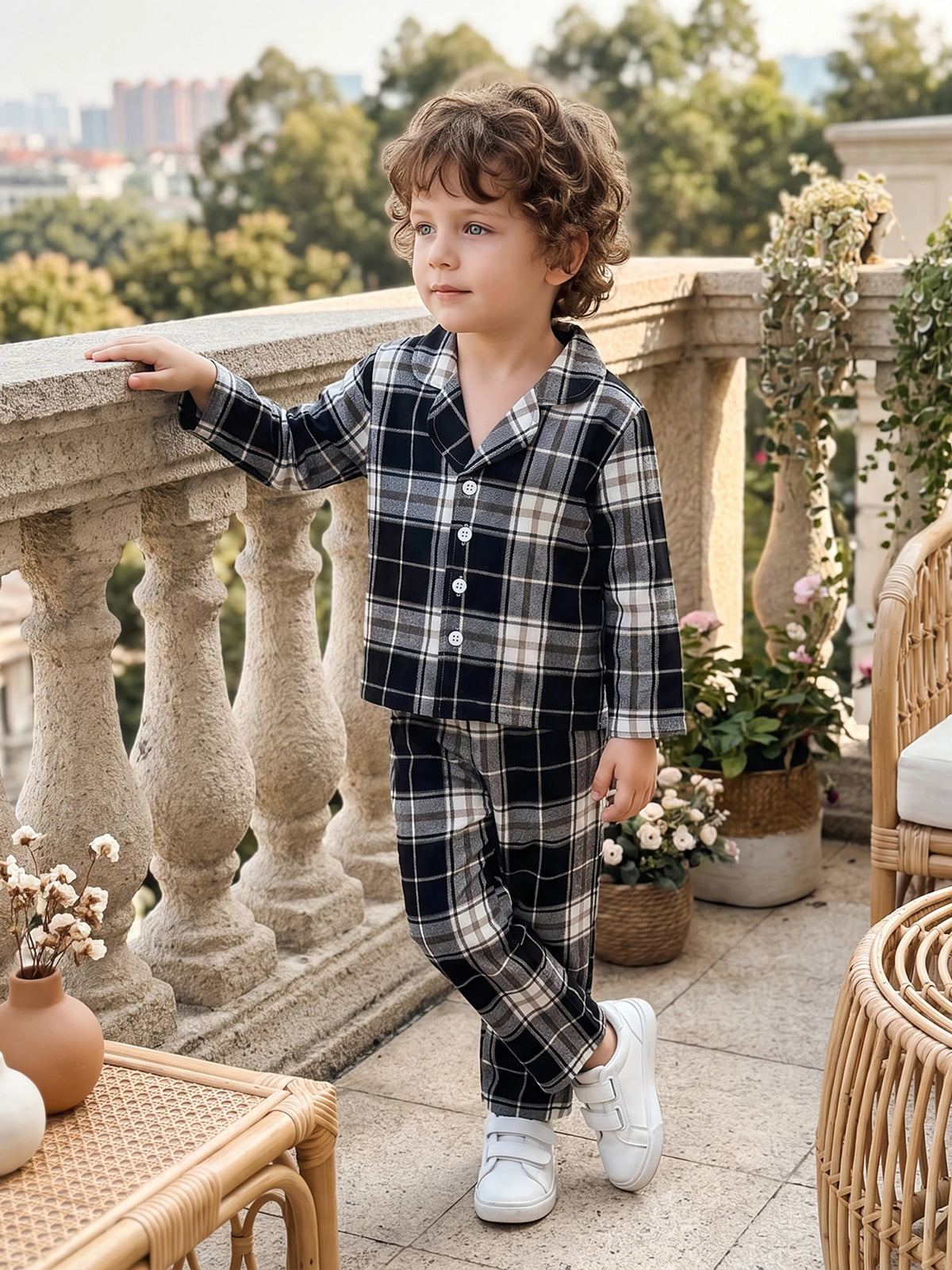 Piece Tops Long Sleeve Button Outfit Plaid Pajamas Pants 2 2 Piece Outfit Compact Kids Plaid Pajamas