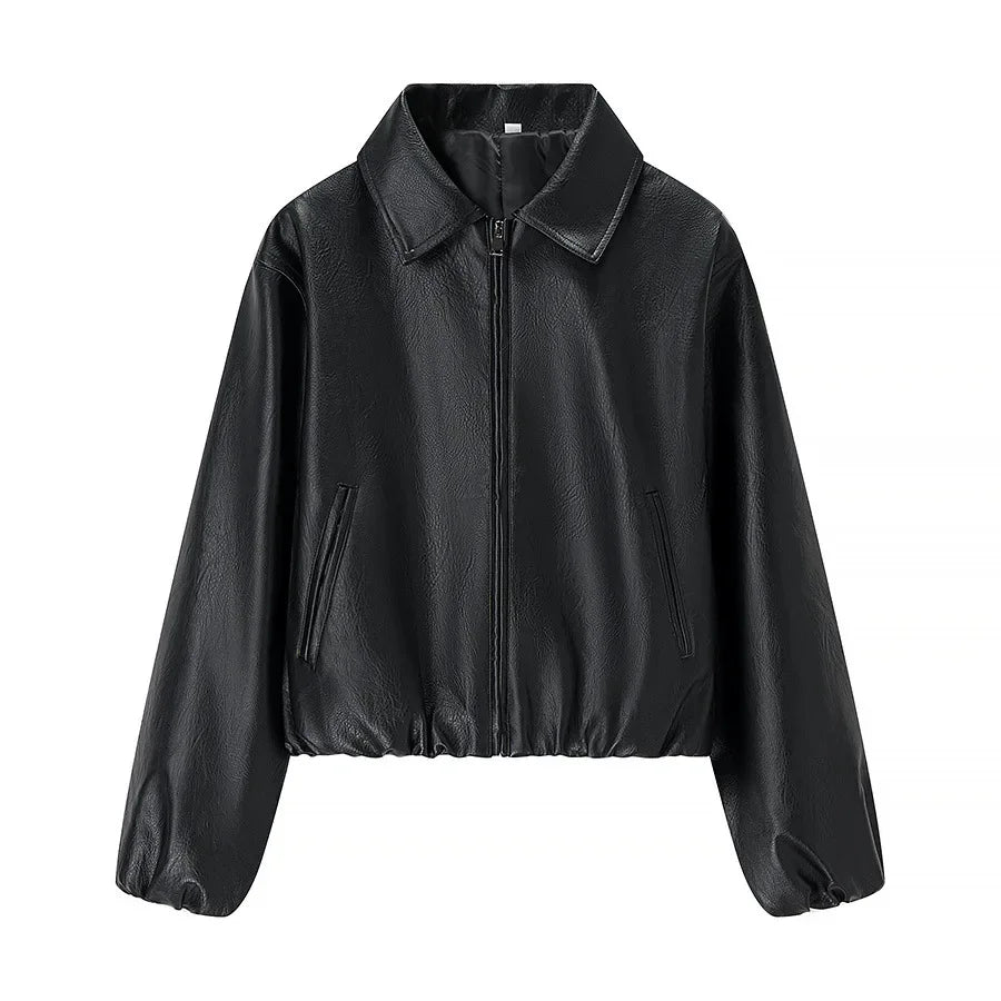 Women's Relaxed Leather Jacket With Long Sleeves And Turn-Down Collar