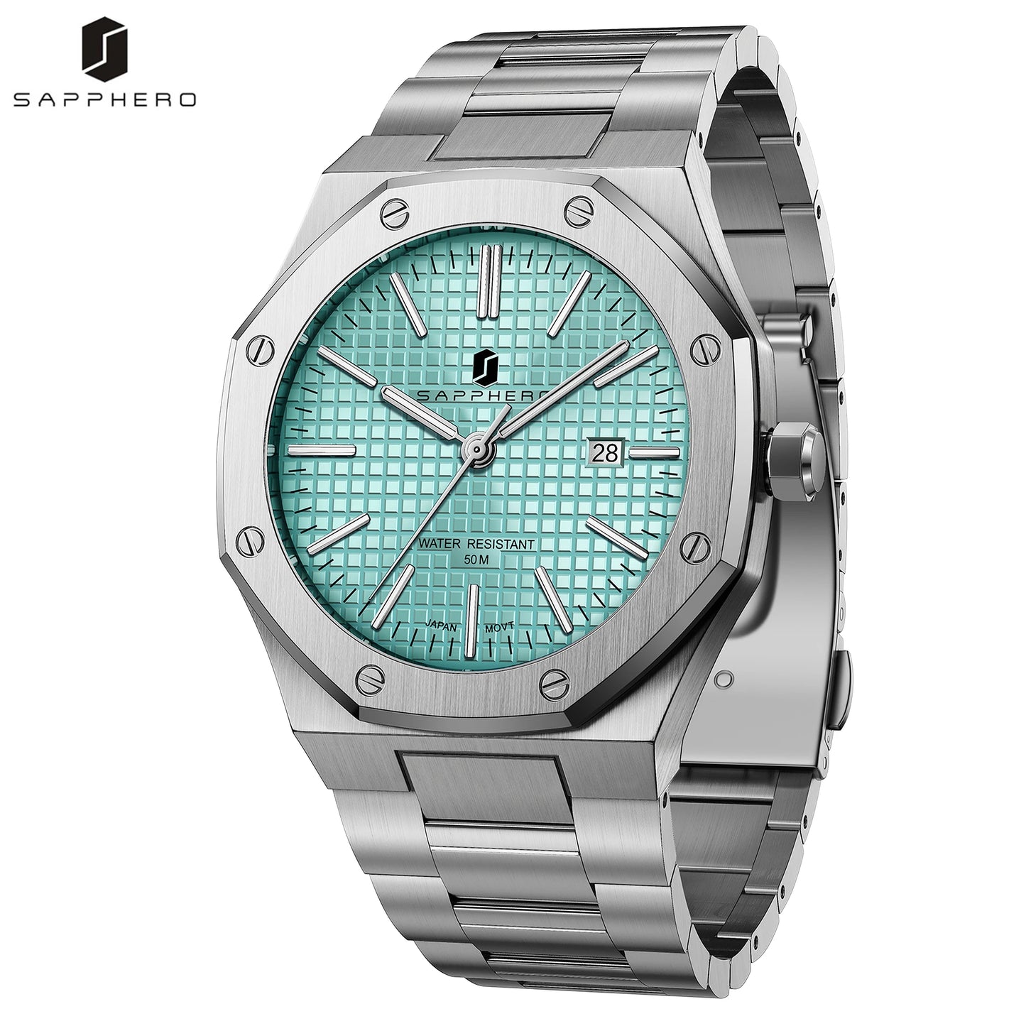SAPPHERO Men Analog Watch Stainless Steel Quartz Movement Date Display 50M Waterproof Classic Business Casual Wristwatch Gift