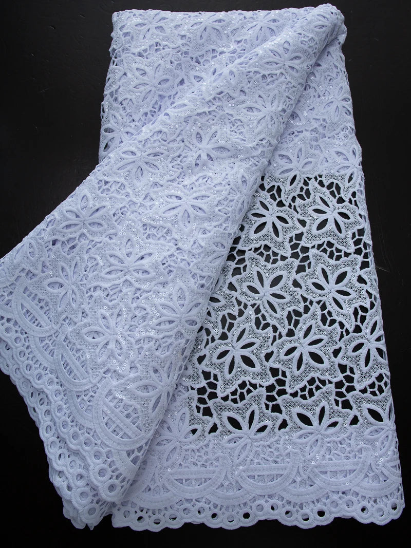 Pure White Nigerian Guipure Lace Fabric Water Soluble African Sequin Cord