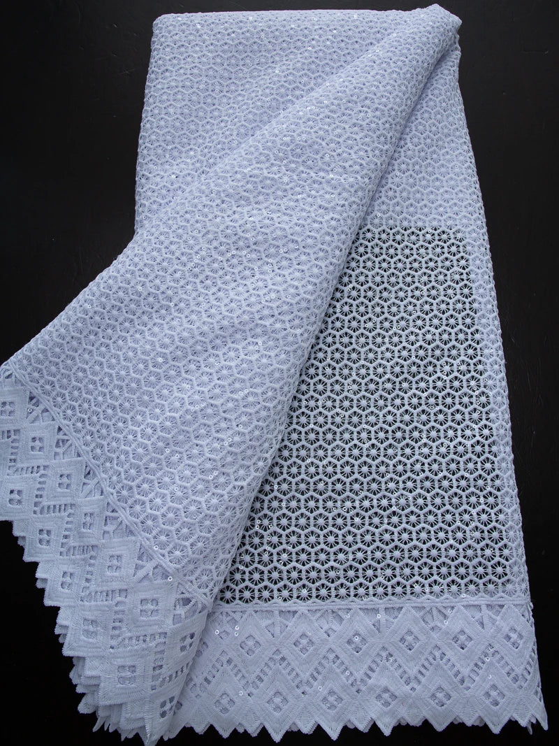 Pure White Nigerian Guipure Lace Fabric Water Soluble African Sequin Cord