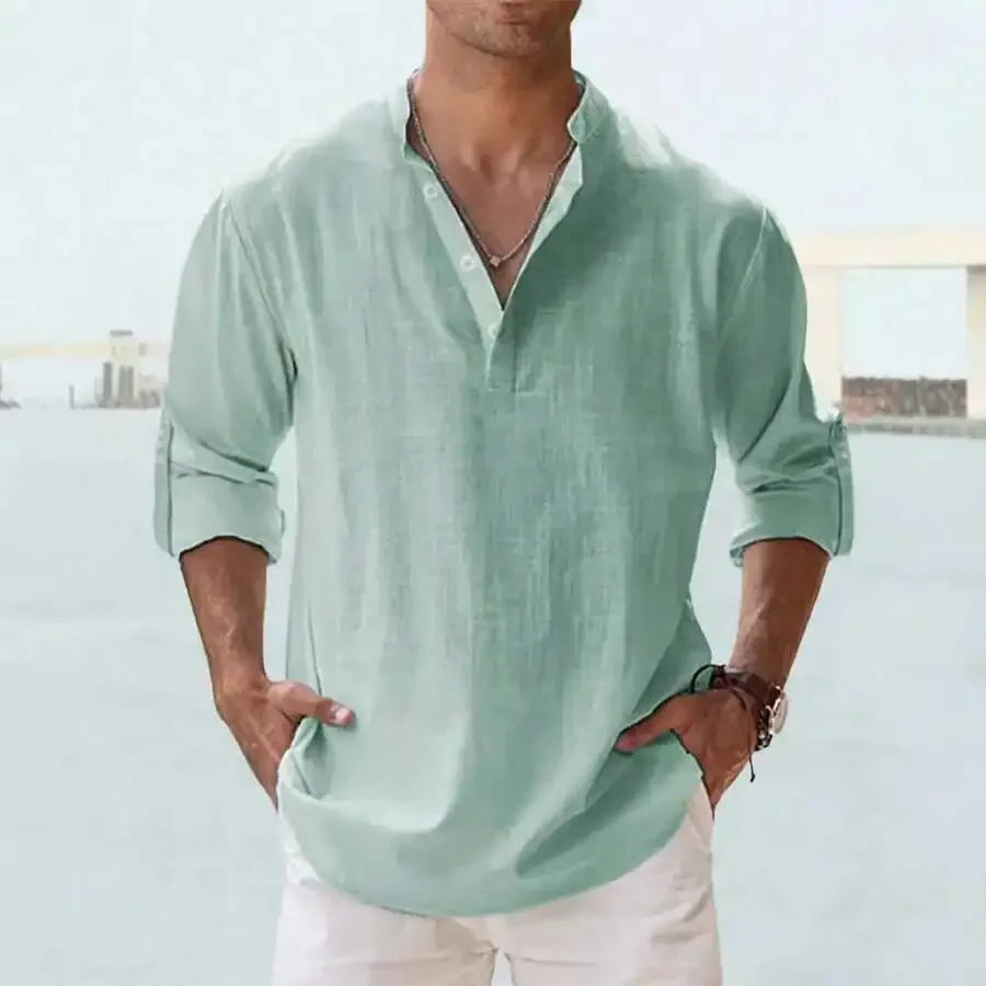 Mens 100% Cotton Stand Collar Long Sleeve Loose Fit Casual Shirt