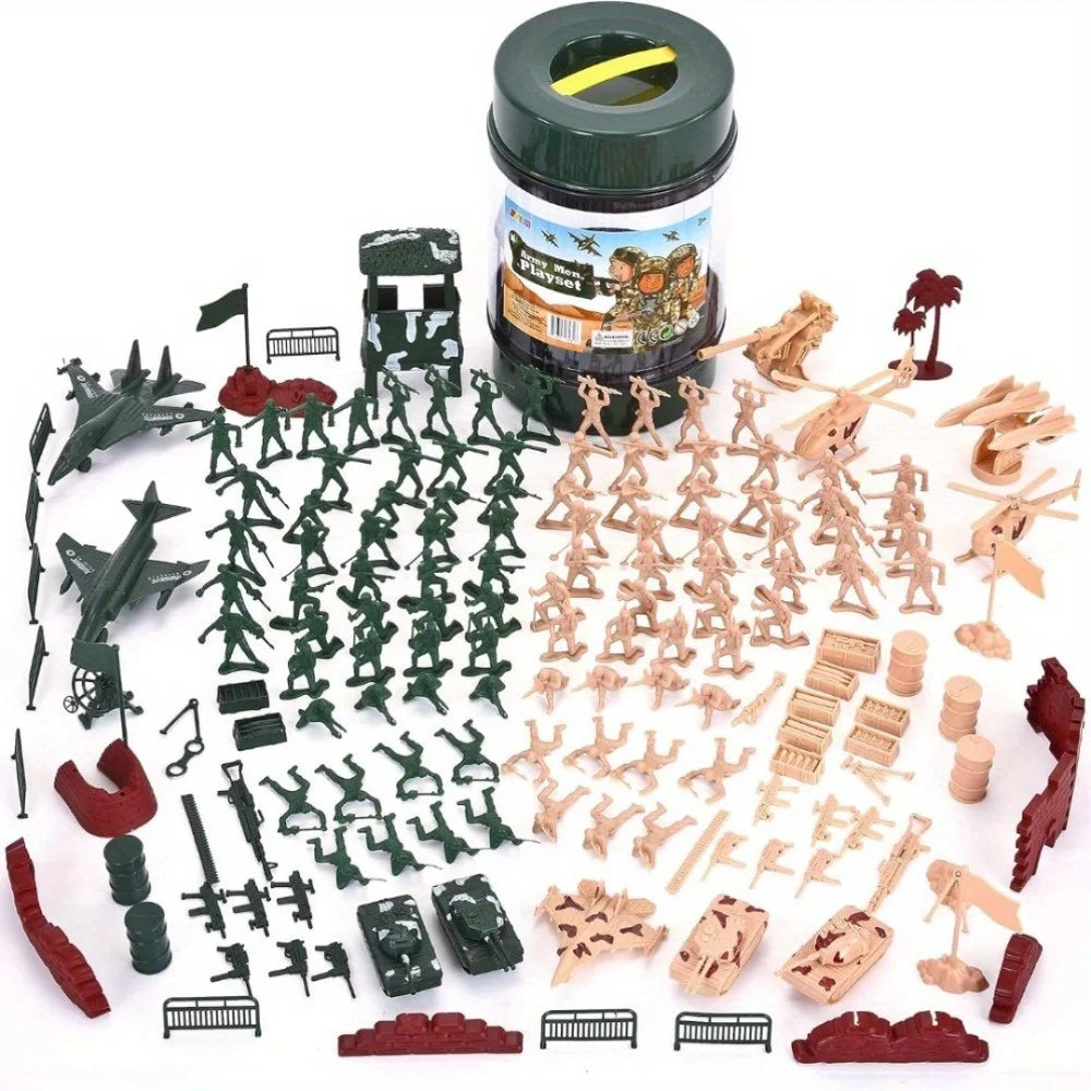 JOYFY 164 Pcs Military Soldier Army Men Play Bucket Army Action Figures Battle Group Aircrafts Helicopters Tanks with Bucket