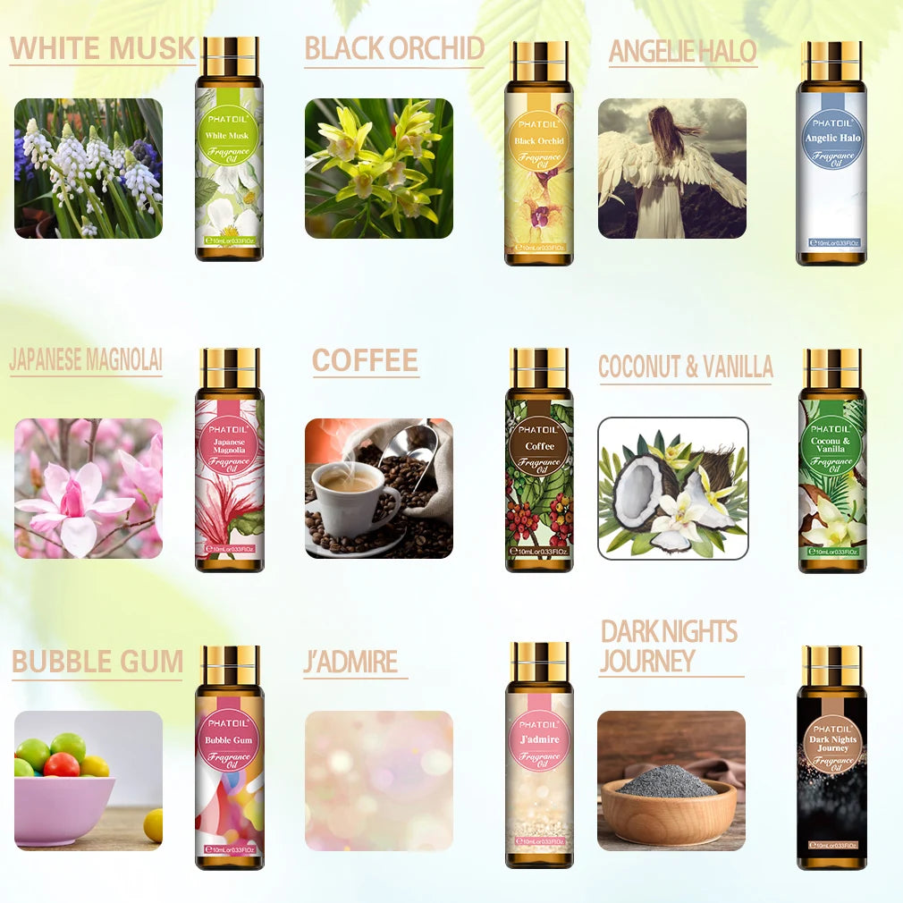 PHATOIL 9pcs Fragrance Oils Gift Set-10ml Coconut & Vanilla Bubble Gum Japanese Magnolia Coffee Aroma Oils For Diffuser Soap Candle Making