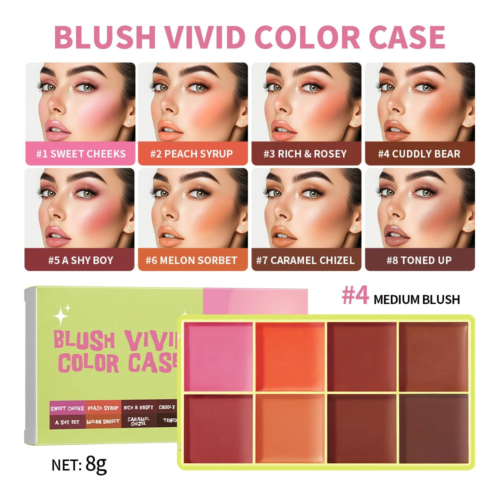 All-In-One 8 Color Cream Blush Countouring Face Palette Blendable Longwear Natural Glow Shades Long-Lasting Sweat-Resistant Woman Makeup