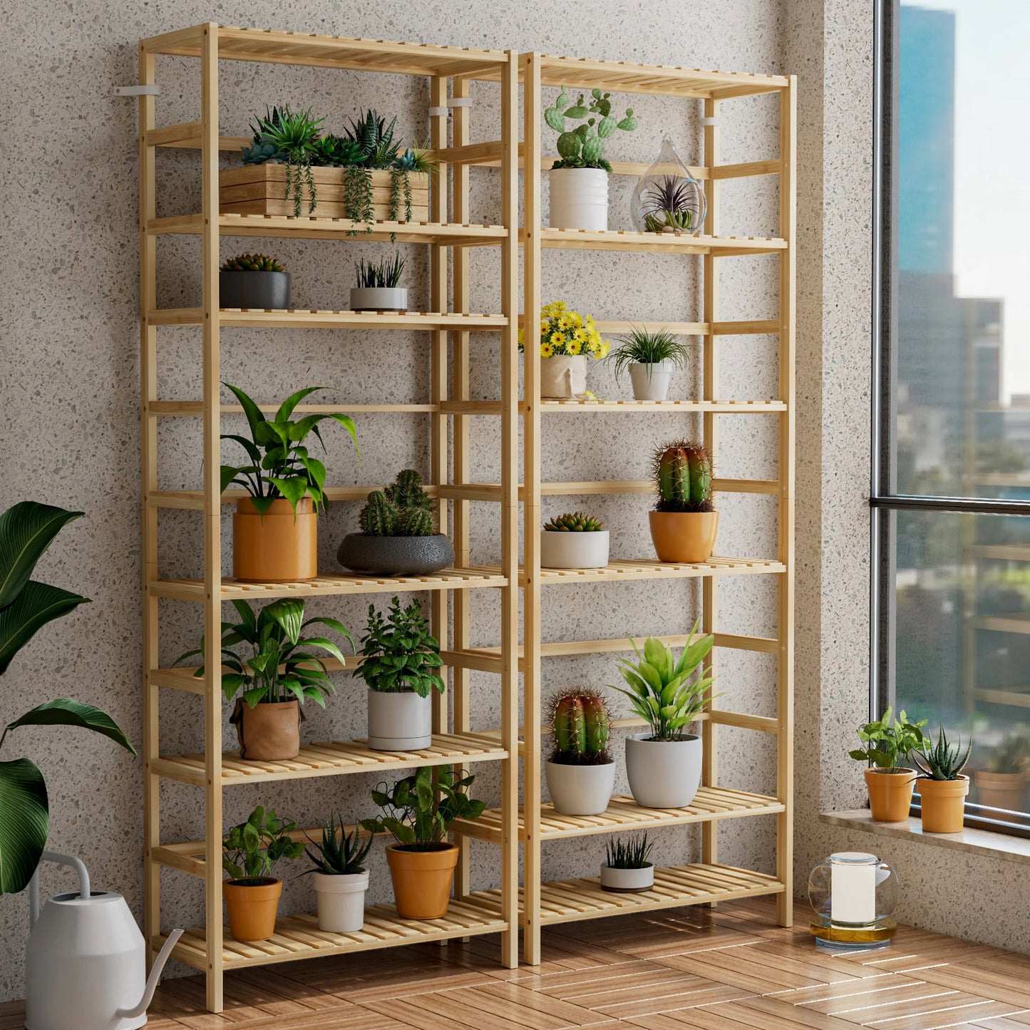 Six Tier Bamboo Bookshelf Free Standing Flower Rack Adjustable Shelves
