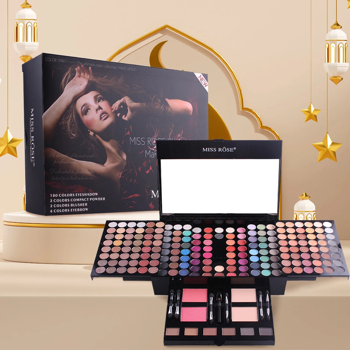 Professional 190-Color Eyeshadow Blush Eyebrow Powder 4-in-1 Makeup Palette with Mirror And Full Set of Brushes for Create Natural Look