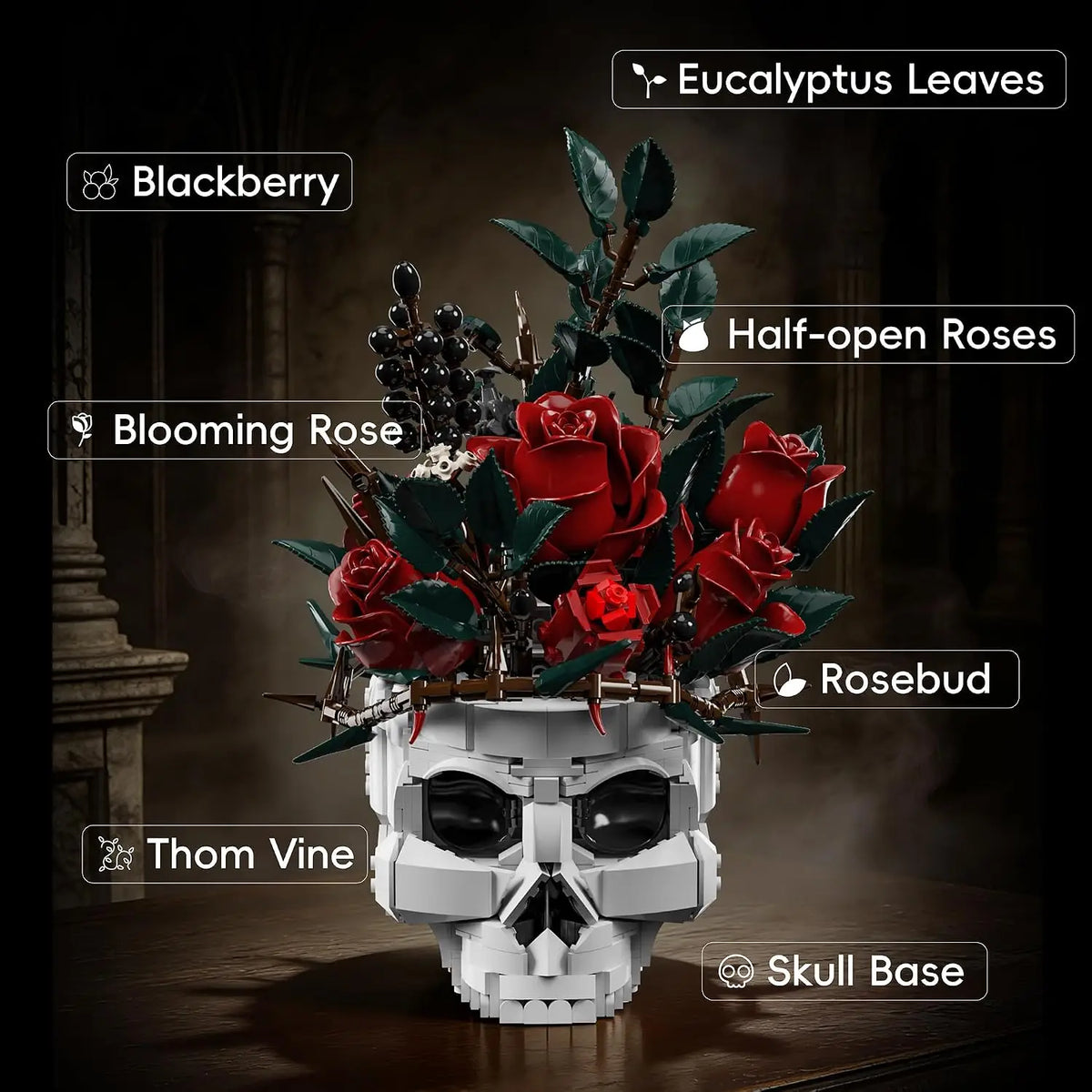 Gothtic Skull Flowers Roses Building Blocks Set for Adults, Horror Skeleton with Red Bouquet Botanical Collection Home Art Decor Gift for Women Girls Halloween Valentine's Day for Adult 1107pcs