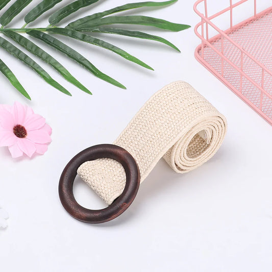 Women Straw Belt With Wooden Buckle And Elastic Waist Chain