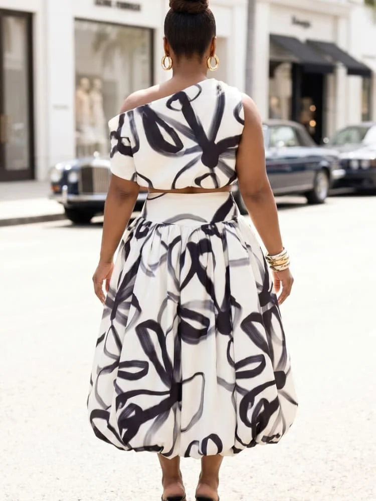 Plus Size Asymmetrical Neck Sleeveless Crop Top + High Waist Bubble Midi Skirt Matching Set For Women Party Fashion Two Piece Outfit