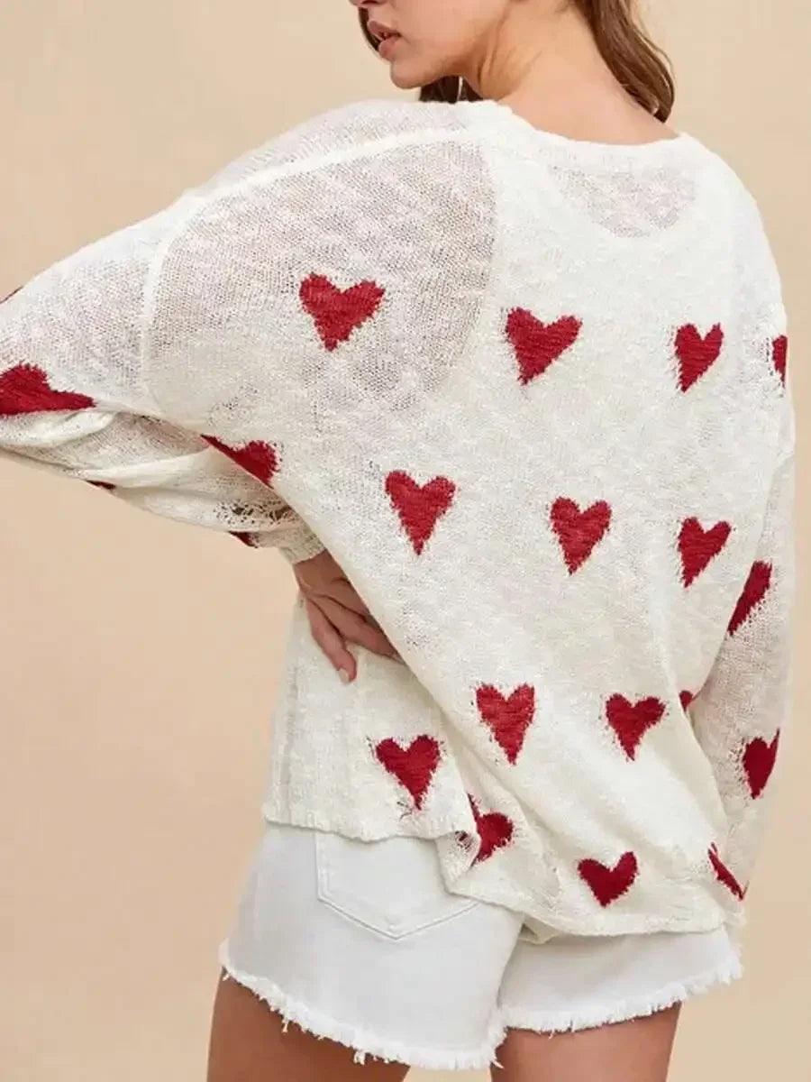 Women Casual Heart Print Ripped Knit Long Sleeve Pullover Sweater For Fall Streetwear