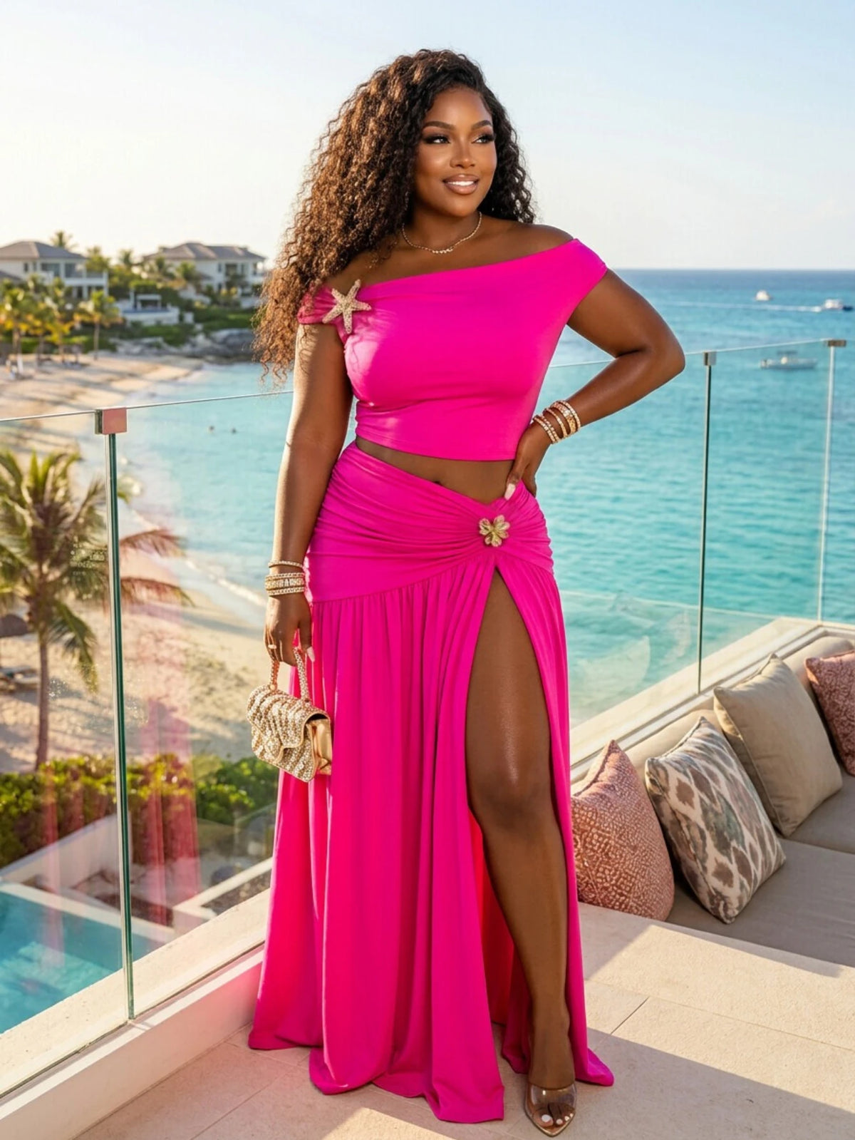 Women Plus Size Off Shoulder Crop Top + High Waist Split Long Skirt Set Elegant Twisted Detail Outfit For Beach Vacation Party Occasion