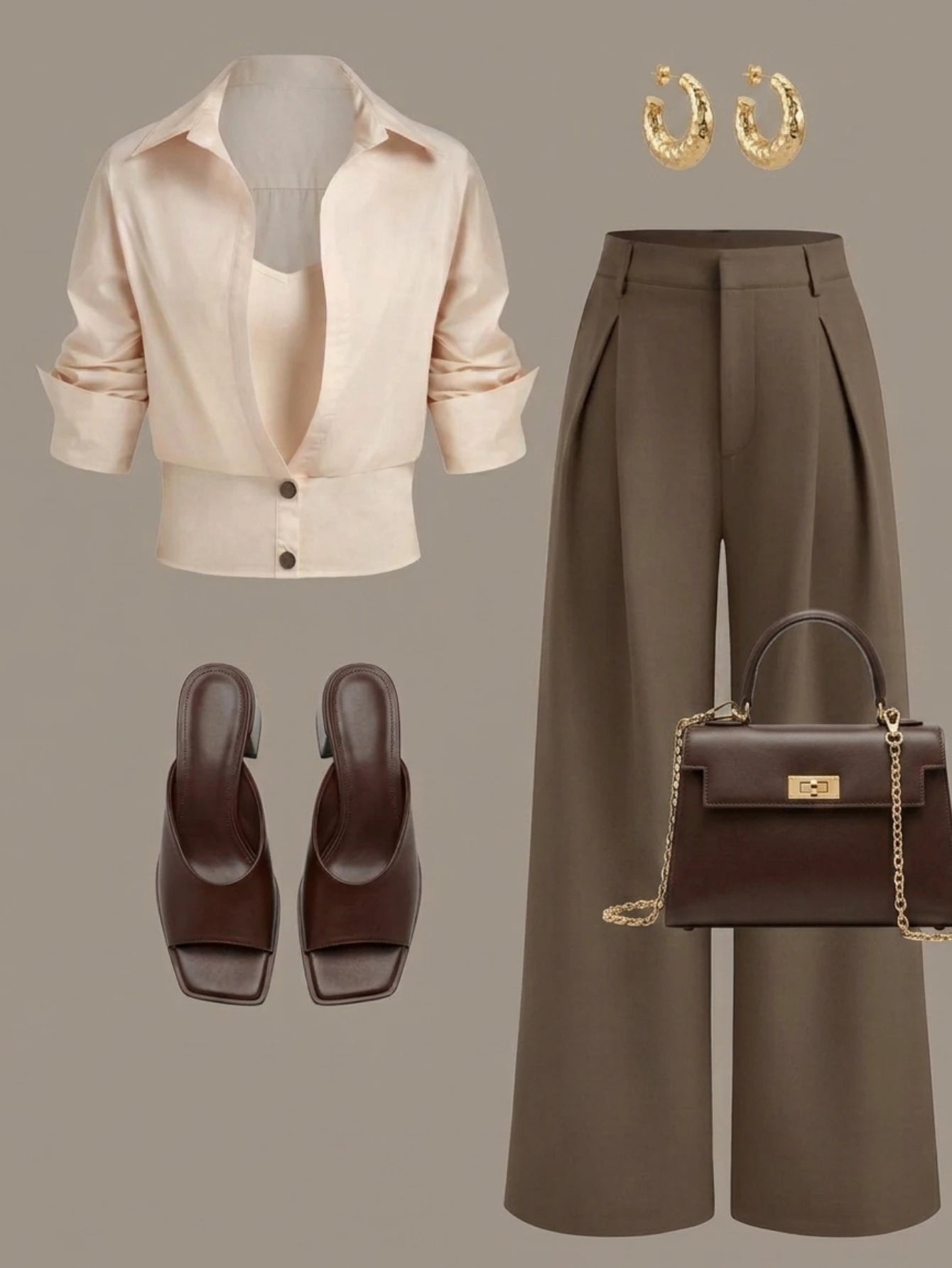 Women Lapel Cropped Button Front Shirt High Waist Wide Leg Trousers Two Piece Outfit Daily Commute Casual Wear