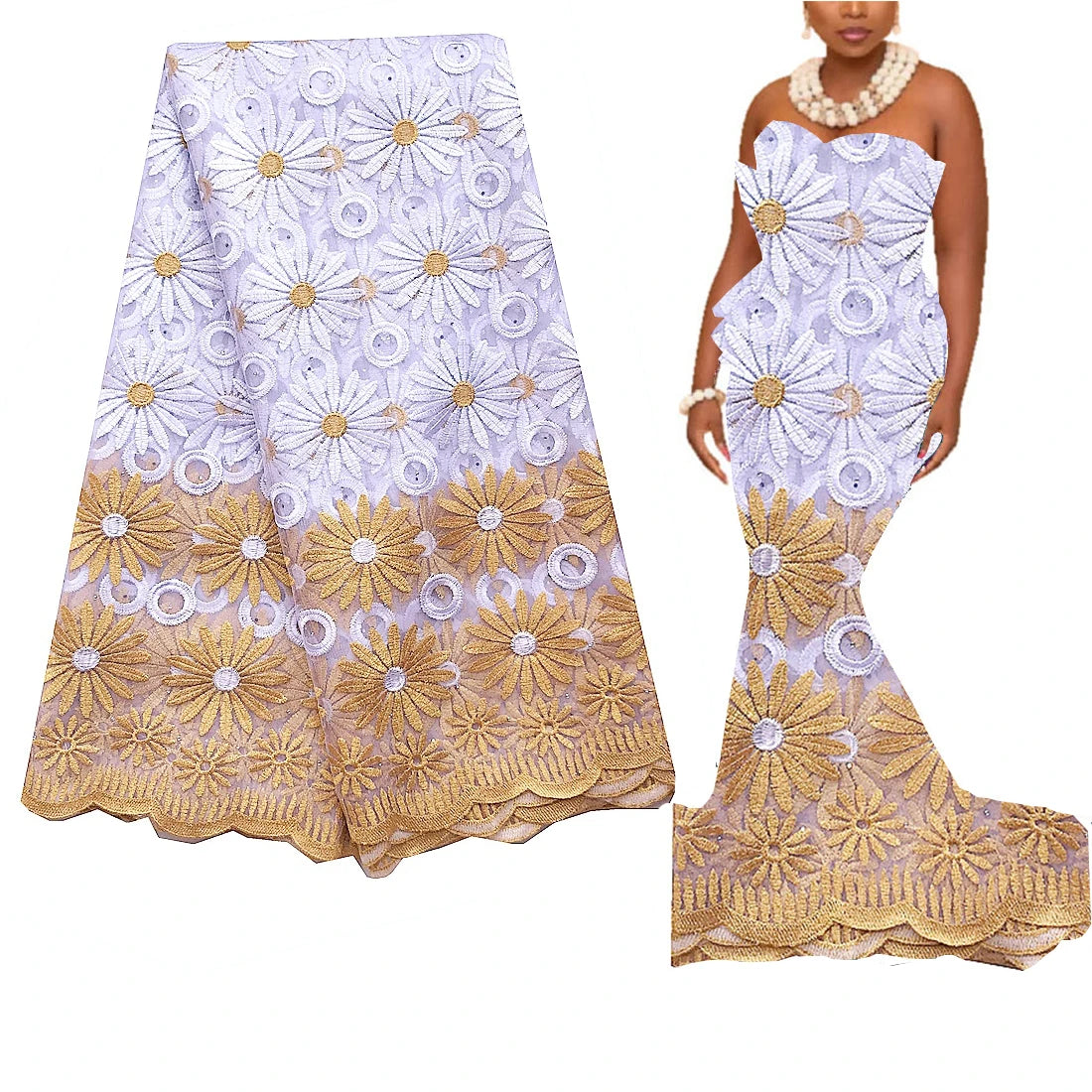 African Lace Fabric Embroidered White Gold Nigerian Wedding Lace