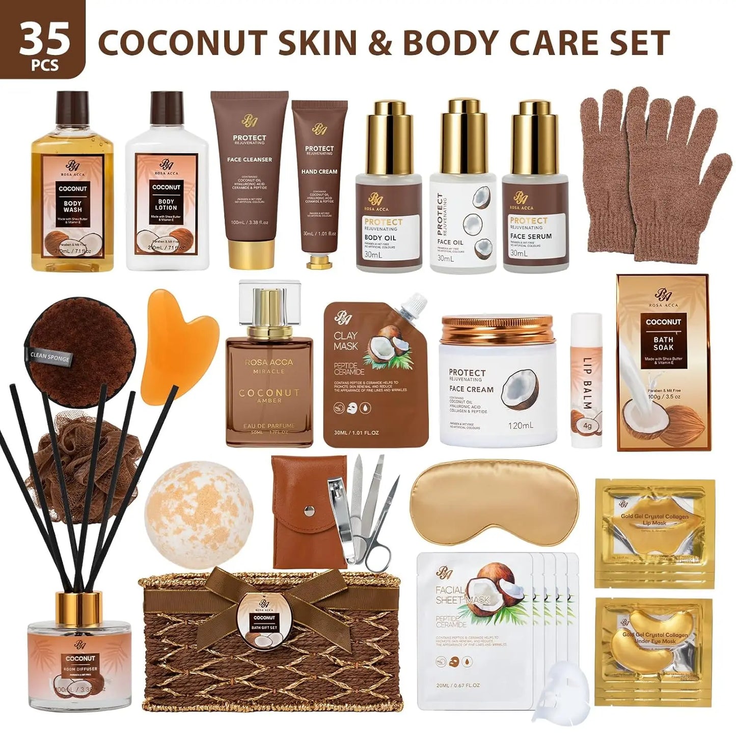 35 Pcs Coconut Vanilla Spa Gift Basket for Women & Men, Face Skin Care Set, Bath Body Set, Self Care Pamper Kit
