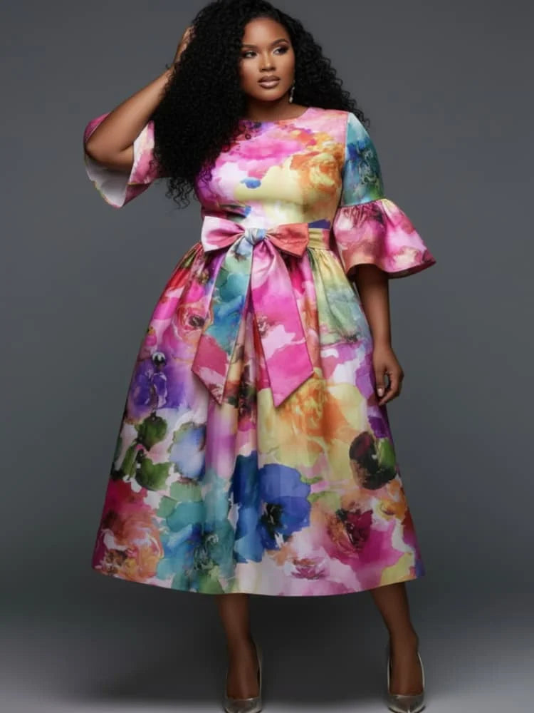 Plus Size Round Neck Flare Sleeve Bow Waist Midi Dress For Women Formal Party Banquet Wedding Guest A Line Swing Dress