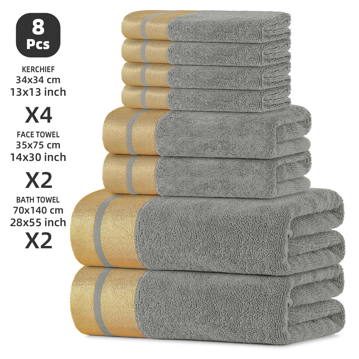 8-Piece Luxury Pure Cotton Bath Towel Set, 2 Bath Towels + 2 Face Towels + 4 Washcloths, Soft and Comfortable, Highly Absorbent, 100% Cotton Towels, Bathroom Decoration Accessories, Everyday Use Towels