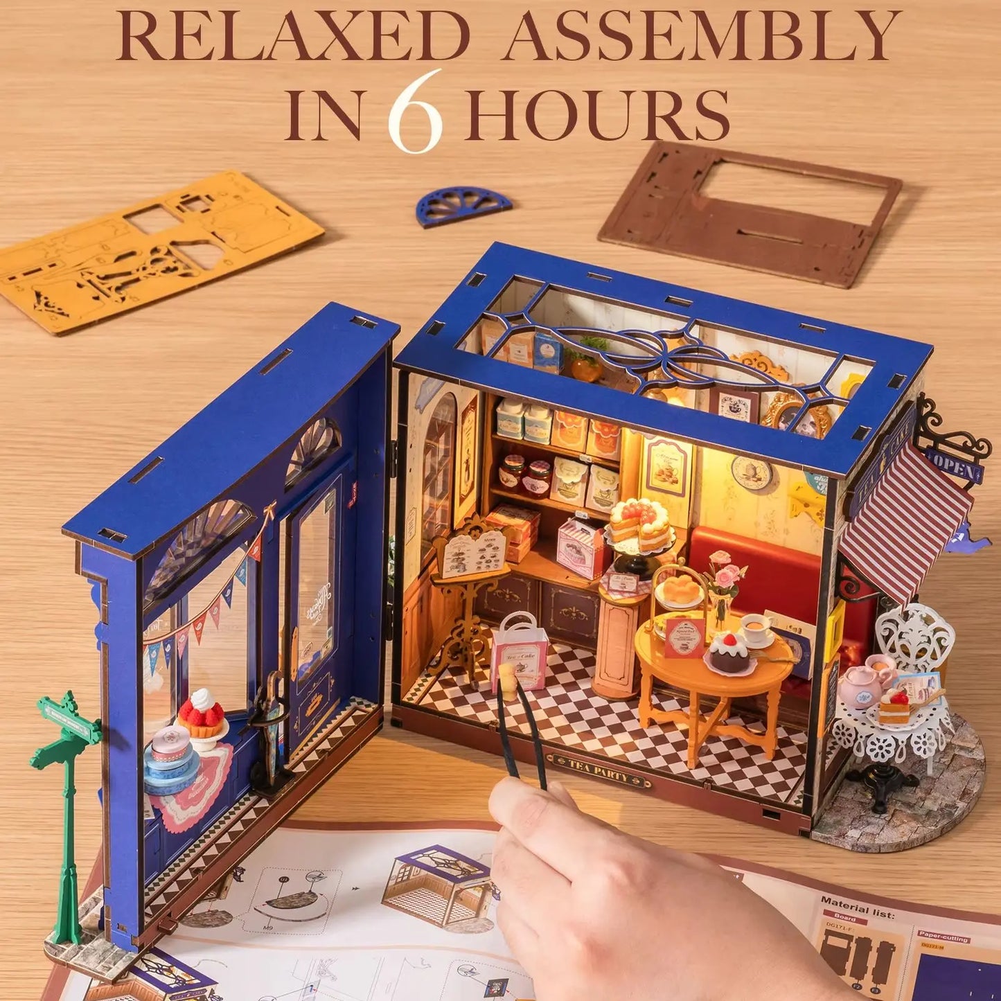 Rolife DIY Miniature House Kit Leisure Time Tea Room Mini Dollhouse Building Set with LED Wooden 3D Puzzle for Home Desk Decor