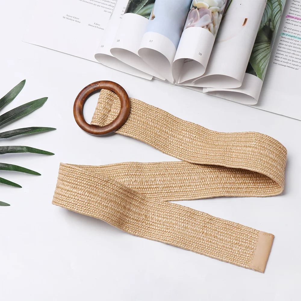 Women Straw Belt With Wooden Buckle And Elastic Waist Chain