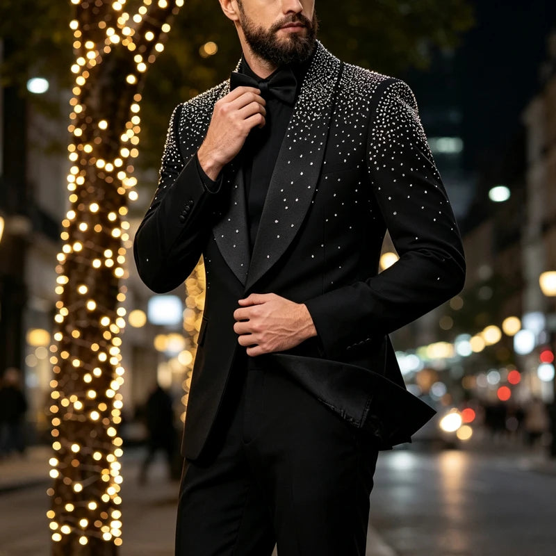Men's 2-Piece Double-Breasted Shawl Lapel Suit Set - Slim Fit Polyester Silky Wrinkle-Resistant Handmade Tuxedo with Rhinestone Beads, Jacket & Dress Pants for Weddings, Party Wea