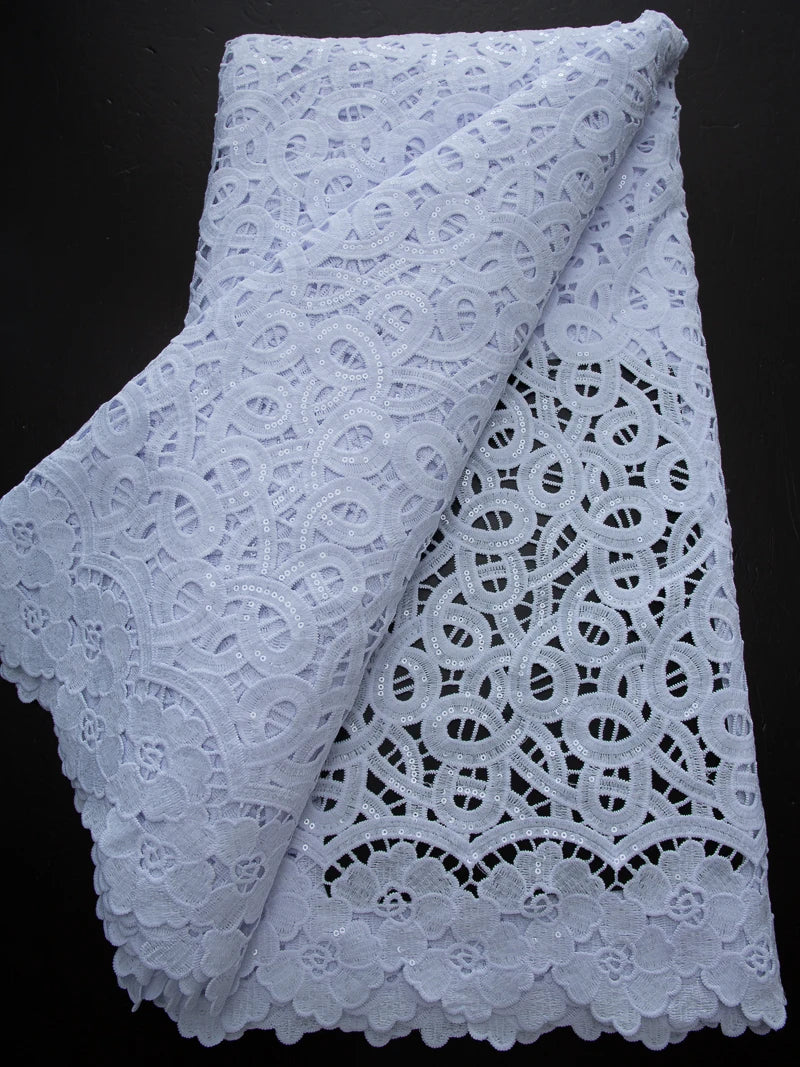 Pure White Nigerian Guipure Lace Fabric Water Soluble African Sequin Cord
